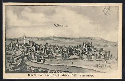 Künstler-AK Simmern am Hunsrück, Zeichnung der Ortschaft 1645 nach Merian