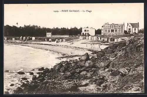 AK Port-Navalo, La Plage et les cabines de bain sur le rivage rocheux