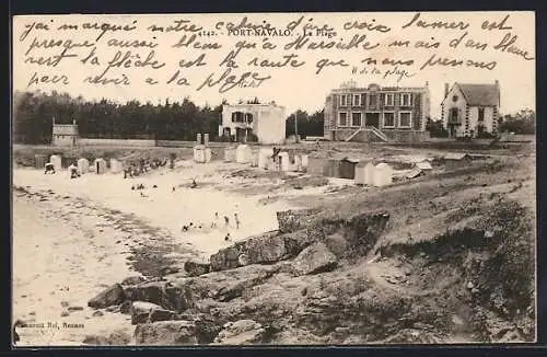 AK Port-Navalo, La Plage avec baigneurs et cabines de plage