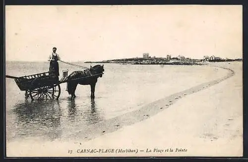 AK Carnac-Plage, La Plage et la Pointe avec charrette à cheval