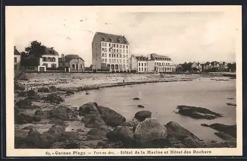 AK Carnac Plage, Hôtel de la Marine et Hôtel des Rochers sur la côte rocheuse