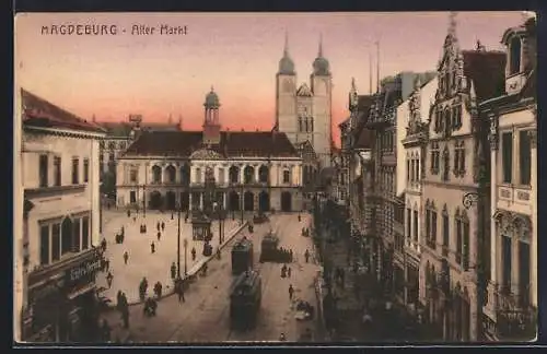 AK Magdeburg, Alter Markt mit Strassenbahnen und Dom aus der Vogelschau