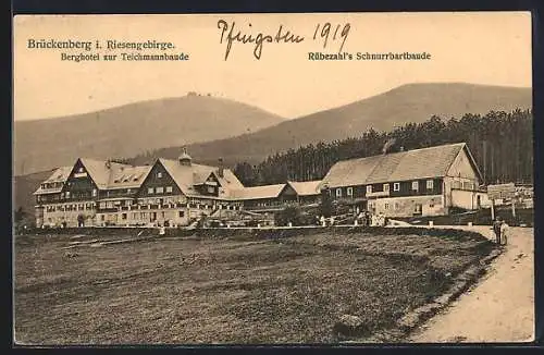 AK Berghotel zur Teichmannbaude, Berghütte und Rübezahls Schnurrbartbaude am Brückenberg i. Riesengebirge