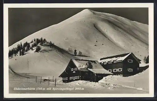 AK Südwienerhütte, Berghütte mit Spirzingerkogel im Schnee