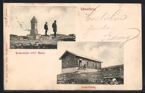 AK Fischerhütte, Ansicht mit zwei Besuchern, Kaiserstein auf dem Schneeberg