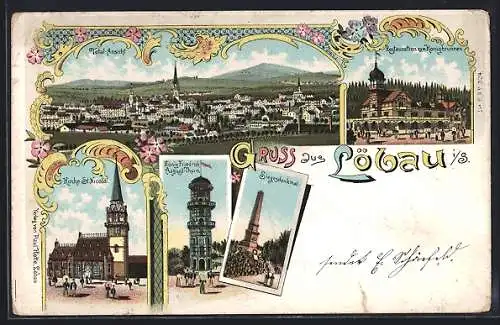 Lithographie Löbau i. S., Restauration zum Honigbrunnen, Kirche St. Nicolai, König Friedrich August-Thurm, Siegesdenkmal
