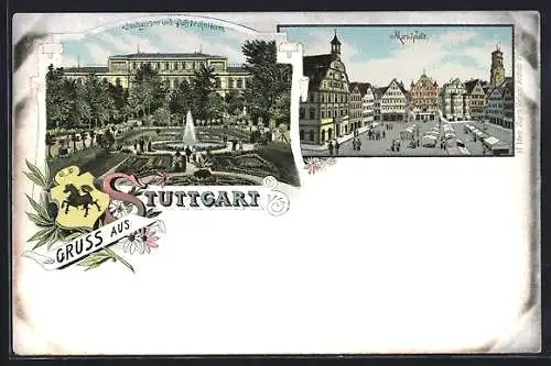 Lithographie Stuttgart, Stadtgarten und Polytechnikum, Marktplatz