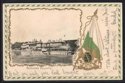 Passepartout-Lithographie Dresden-Pillnitz, Blick auf das Schloss, Sächsische Flagge und Wappen