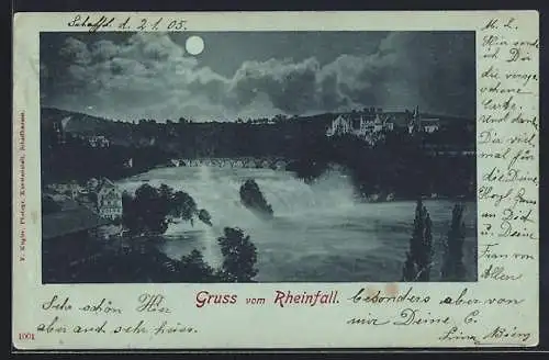 Mondschein-AK Schaffhausen, Blick zur Brücke über den Rheinfall