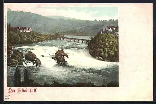 Lithographie Schaffhausen, Rheinfall mit Brücke