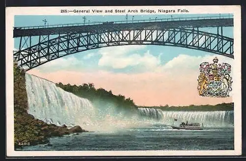 AK Niagara Falls, General View and Steel Arch Bridge, Wasserfall, Wappen, Dampfer