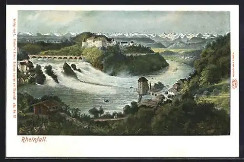 AK Schaffhausen, Panorama mit Schloss und Rheinfall, Eisenbahnbrücke