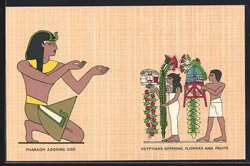 AK Pharaoh adoring God-Egyptians offering Flowers and Fruits, Ausgrabung