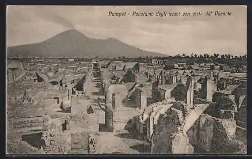 AK Pompei, Panorama degli scavi con vista del Vesuvio, Ausgrabung