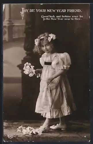 Foto-AK EAS Nr.1924: Joy be your new Year Friend, Mädchen mit Blumenstrauss