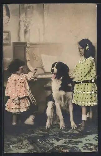 Foto-AK GL Co Nr.818 /3: Zwei Mädchen mit Hund am Klavier