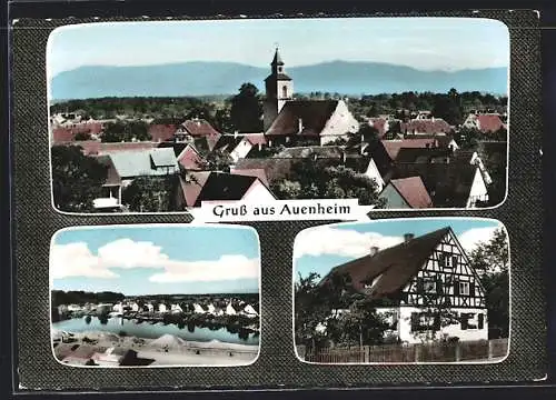 AK Auenheim /Kehl, Teilansicht mit Kirche, Fachwerkhaus, Uferpartie