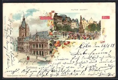 Lithographie Köln, Rathaus und Alter Markt