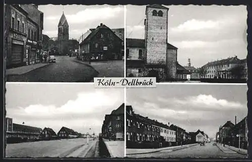 AK Köln-Dellbrück, Kirche mit Geschäften, Strassenpartie, Ortspartie