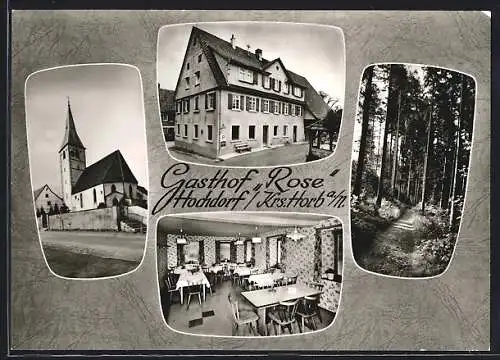 AK Hochdorf /Horb, Gasthof Rose v. K. u. M. Grossöhmingen, Kirche und Wald