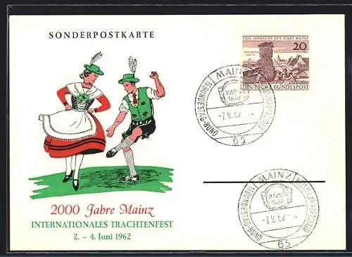 AK Mainz, Internationales Trachtenfest 1962, Tanzendes Paar in Tracht