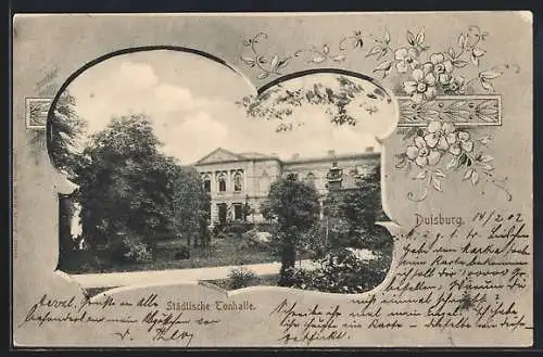 AK Duisburg, Blick auf die Tonhalle im floralen Passepartout