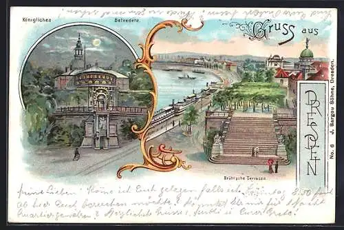 Lithographie Dresden, Königiches Belvedere, Brühl`sche Terrasse