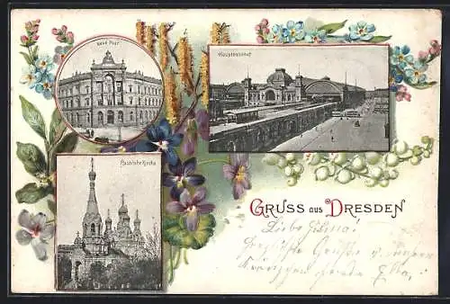 Lithographie Dresden, Neue Post, Hauptbahnhof, Russische Kirche