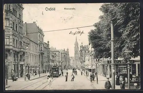 AK Crefeld, Strassenbahn auf der Rheinstrasse