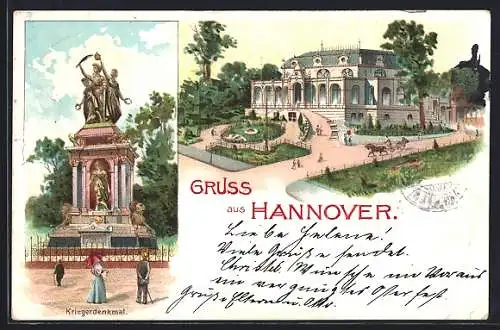 Lithographie Hannover, Kriegerdenkmal und Café Neues Haus