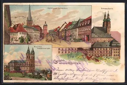 Lithographie Lichtenfels /Mainthal, Marktplatz, Schloss Banz, Basilika Vierzehnheiligen