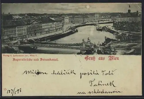 Mondschein-AK Wien, Aspernbrücke und Donaukanal aus der Vogelschau