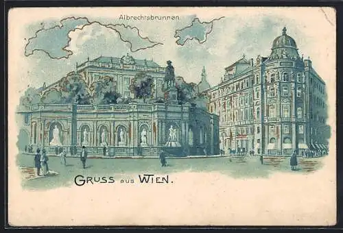 Lithographie Wien, Albrechtsbrunnen und Eckgebäude, mit goldenen Fenstern