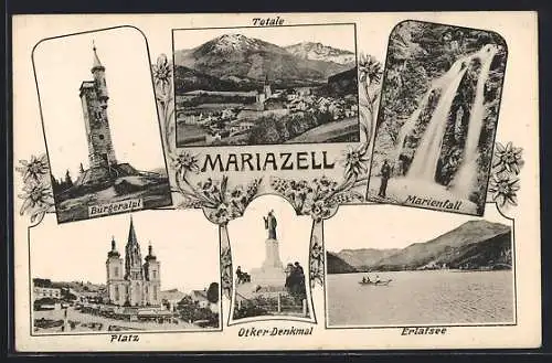 AK Mariazell, Bürgeralp, Platz mit Kirche, Marienfall