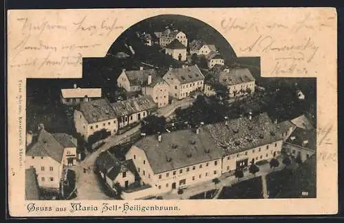 AK Mariazell-Heiligenbrunn, Ortsansicht aus der Vogelschau, Paasepartout