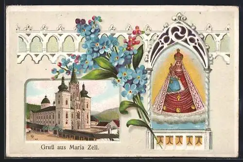 Lithographie Maria Zell, Kirche, Maria mit Kind, Vergissmeinnicht, Ornamente