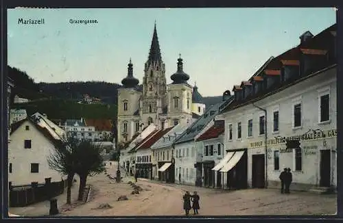 AK Mariazell, Grazergasse, Strassenpartie mit Gasthaus Rudolf Mayreder und Kirche