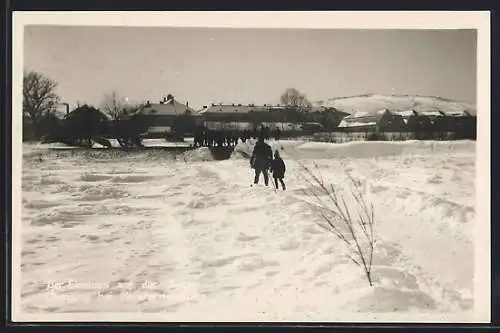 AK Klosterneuburg, Eisstoss 1929 auf der Donau, Übergang mit Stadtpanorama