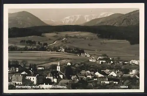 AK Hernstein, Ortschaft mit Kirche und Blick zum Schneeberg