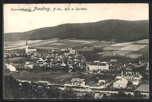 AK Piesting, Ortsansicht mit Bahnhof und Kirche