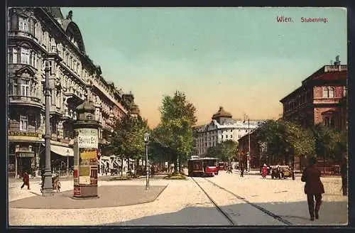 AK Wien, Strassenbahn und Litfasssäule am Stubenring