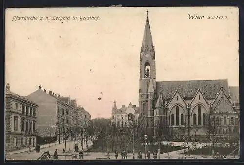 AK Wien, Gersthof, Pfarrkirche z. h. Leopold mit Anlagen und Strasse