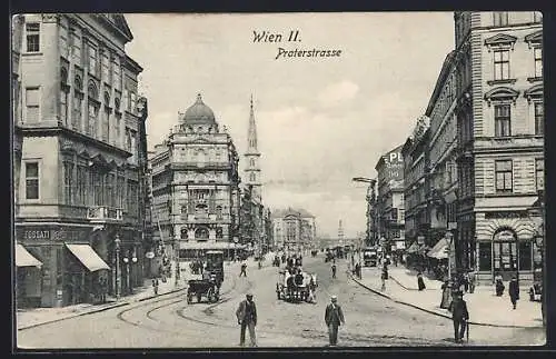 AK Wien, Praterstrasse mit Turm und Strassenbahn