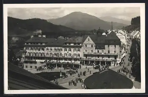 AK Mariazell, Hotel Laufenstein mit Strasse und Bergen aus der Vogelschau