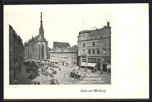 AK Würzburg, Marktplatz mit Marienkapelle u. Haus zum Falken, Marktstände