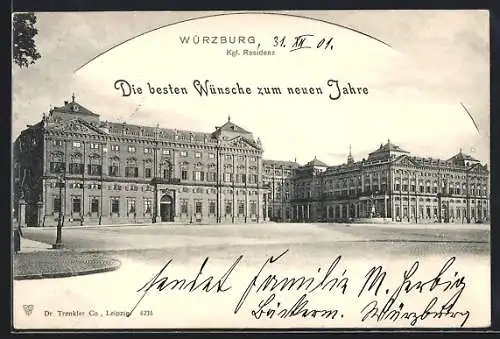 AK Würzburg, Kgl. Residenz, Frontalansicht, Neujahrsgruss