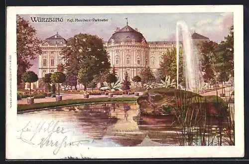 Künstler-AK Würzburg, Kgl. Residenz, Parkseite mit Fontäne