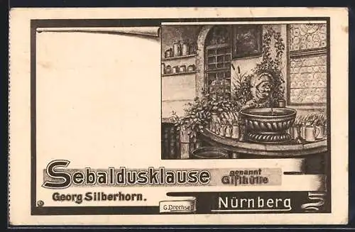 Künstler-AK Nürnberg, Gasthaus Sebaldusklause / Gifthütte G. Silberhorn, Bierbrunnen im Gasthaus