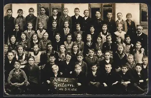 Foto-AK Zeilarn, Schule Zeilarn, Schulklasse mit Lehrer, 1936