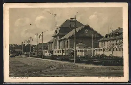 AK Darmstadt, Partie am Hauptbahnhof, Strassenbahn